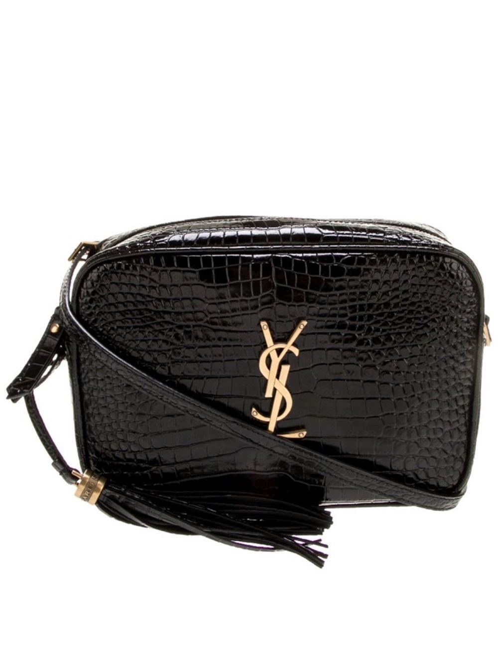 Saint Laurent Black Croc-Embossed Leather Crossbody with Gold YSL Logo